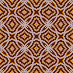 Seamless pattern from geometrical beige and orange abstract ornaments on a dark brown background. Vector illustration can be used for textiles, wallpaper and wrapping paper