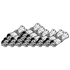 Set of scrolls. Old scroll twisted into a roll with a seal. Hand drawn vintage pirate scrolls.