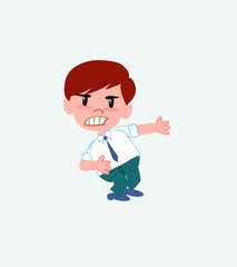 Businessman in casual style shows very angry something to his left.