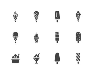 Ice cream flat glyph icons set. Waffle cone, ice lolly, frozen juice, popsicle, sorbet in bowl vector illustrations. Signs for dessert menu. Solid silhouette pixel perfect 64x64 - obrazy, fototapety, plakaty