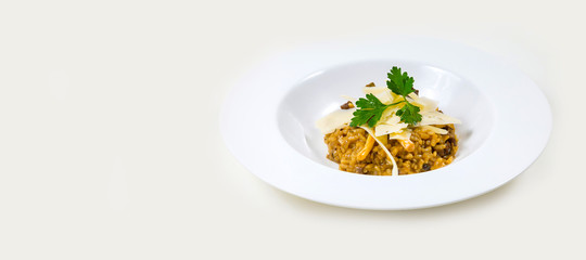 Mushroom risotto with parmesan in a white bowl on a white background isolated