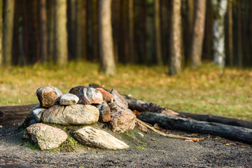 Fototapeta na wymiar Mound of stones forming a firepit in forest landscape.