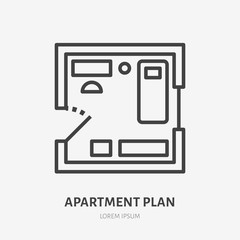 Apartment plan flat line icon. Vector thin sign of room layout, condo rent logo. Real estate illustration
