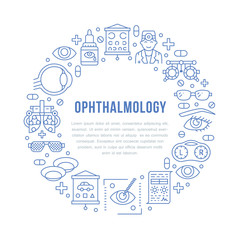 Ophthalmology, eyes health care circle porter with line icons. Optometry equipment, contact lenses, eye glasses, doctor. Vision correction brochure signs for oculist clinic