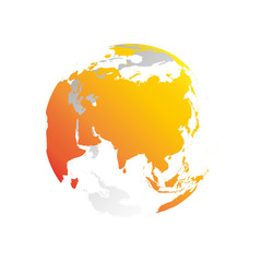 3D planet Earth globe. Transparent sphere with grey land silhouettes. Focused on Asia.