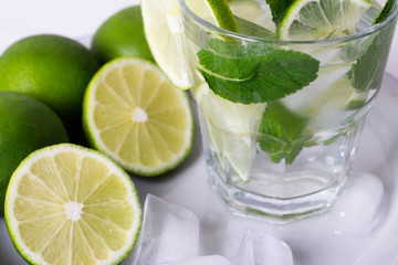 drink, water, mojito lime and mint with ice.