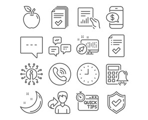 Set of Document, Blog and Approved checklist icons. Quick tips, Clock and Phone payment signs. Handout, Chat messages and Calculator alarm symbols. File with diagram, Chat message, Accepted message