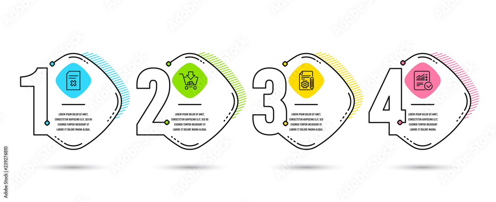 Poster infographic template 4 options or steps. set of shopping, documentation and delete file icons. check