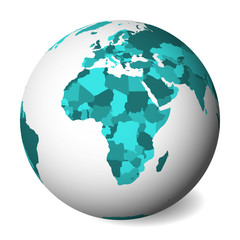 Blank political map of Africa. 3D Earth globe with turquoise blue map. Vector illustration.