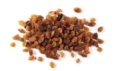Raisins isolated on white background, top view