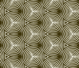 Fototapeta na wymiar Seamless hexagonal pattern from geometrical abstract rounded ornaments on a dark olive background. Vector illustration can be used for textiles, wallpaper and wrapping paper
