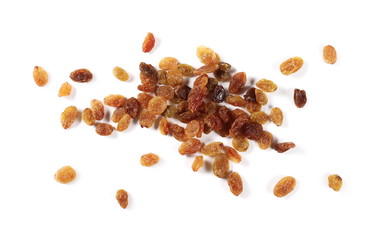 Raisins isolated on white background, top view