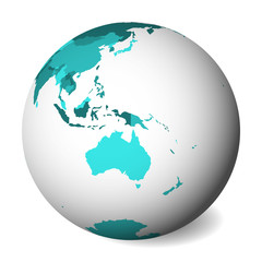 Blank political map of Australia. 3D Earth globe with turquoise blue map. Vector illustration.