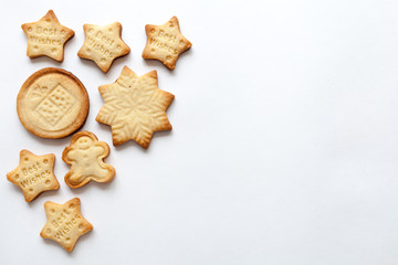 White christmas background with cookies, top view