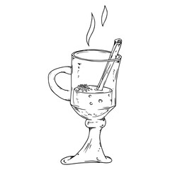 Mulled wine with cinnamon in a glass cup with a handle. Vector illustration of a glass with mulled wine and cinnamon stick. Hand drawn.