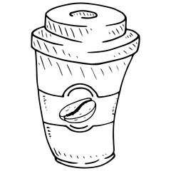 Plastic, paper cup for coffee icon. Vector illustration of coffee in a plastic cup. Hand drawn paper cup of coffee.