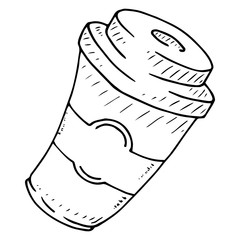 Plastic, paper cup for coffee, tea icon. Vector illustration of coffee in a plastic cup. Hand drawn paper cup of tea.