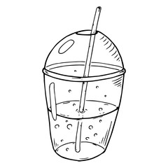 Mineral water in a plastic cup with a straw. Vector illustration of a drink in a plastic cup. Hand drawn plastic cup with a straw.