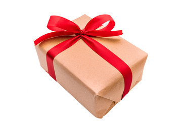 close up objects  Brown Gift box bow tie Red ribbon isolated on white background merry christmas and happy new year concept