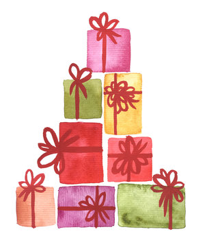 Watercolor pile of colorful gift boxes. Christmas, New Year, birthday party decoration