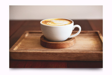 Coffee on wooden table design on white background