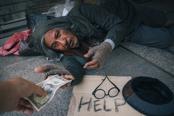 Male Beggar, Homeless hungry man show him hand want money at walkway street in the city, Kindness...