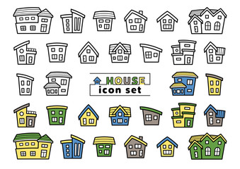 デフォルメした家のアイコンセット(線画のみと線画に着色)上弦バージョン