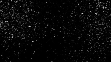 White paper shoot, celebration on black, shooting confetti paper, twisted ribbon, and element particle for holiday party and celebration decoration concept in black