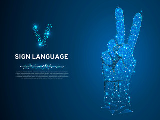 Sign language V letter, two fingers pointing up, hand in peace or victory symbol, Polygonal low poly. Deaf People silent communication alphabet. Connection wireframe. Vector on dark blue background