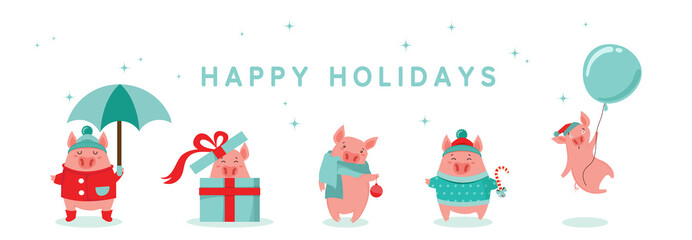 Collection of cute winter pigs. Happy New 2019 year. Symbol of the year in the Chinese calendar. Vector cartoon isolated illustration.