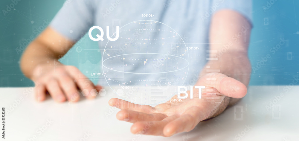 Poster businessman holding quantum computing concept with qubit icon 3d rendering