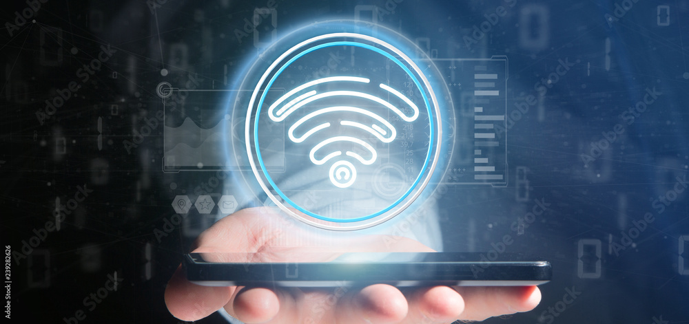 Poster businessman holding wifi icon with stats and binary code 3d rendering