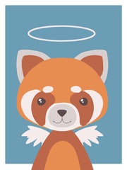 Cute cartoons style nursery vecor animal drawing of a guardian angel red panda with halo and wings
