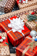 Christmas gift boxes with decorations. Merry Christmas and happy New year