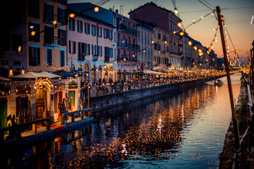 Christmas lights and floating nativity scene at Navigli Milano Italy - winter xmas time