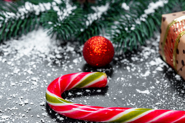 Christmas gift boxes, candy with decorations. Merry Christmas and happy New year