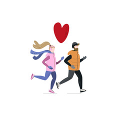 Young woman and man running together in winter cold season. Handdrawn vector illustration