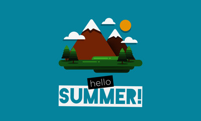 Hello Summer with Hills Mountains With Trees Clouds and Sun Vector Flat Illustration