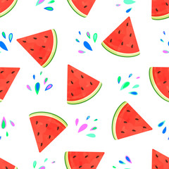 Watermelon on a white background with colored drops. Seamless vector pattern..