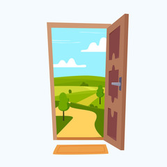 Open door with sunny landscape in room. Flat cartoon style vector illustration.