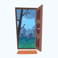 Open door into rain city view. Flat cartoon style vector illustration.