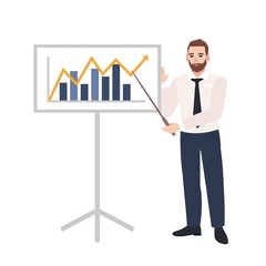 Male office worker making presentation and demonstrating chart on board. Business speaker giving lecture. Work meeting, training, learning. Colorful vector illustration in flat cartoon style.