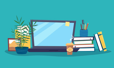 Work table with computer, books, coffee, plant. Workplace room interior. Flat cartoon style vector illustration.