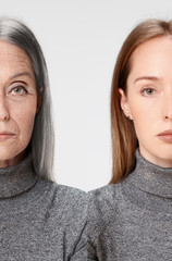 Comparison. Portrait of beautiful woman with problem and clean skin, aging and youth concept,...