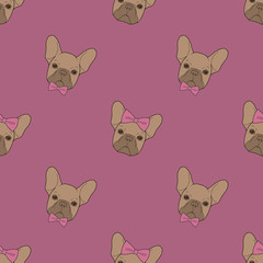 Cute pink cartoon style seamless pattern drawing with French Bulldog dog faces with bows and ribbons