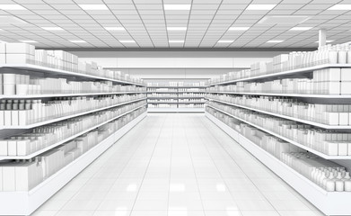 Interior of a supermarket with shelves with goods. 3d image