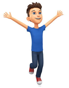 Character cartoon guy in a blue T-shirt celebrates victory on a white background. 3d rendering. Illustration for advertising.