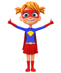 Cartoon character girl in a costume of a super hero shows two thumbs up on a white background. 3d rendering. Illustration for advertising.