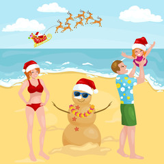 Happy cartoon family with snowman made with sand