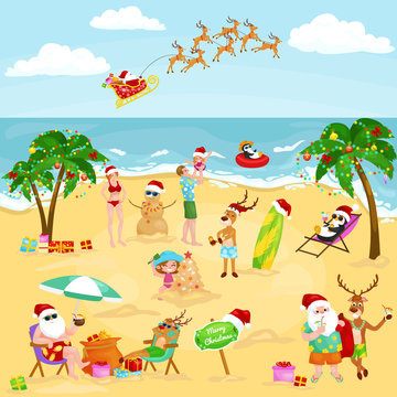 Cartoon image of people in festive mood on beach